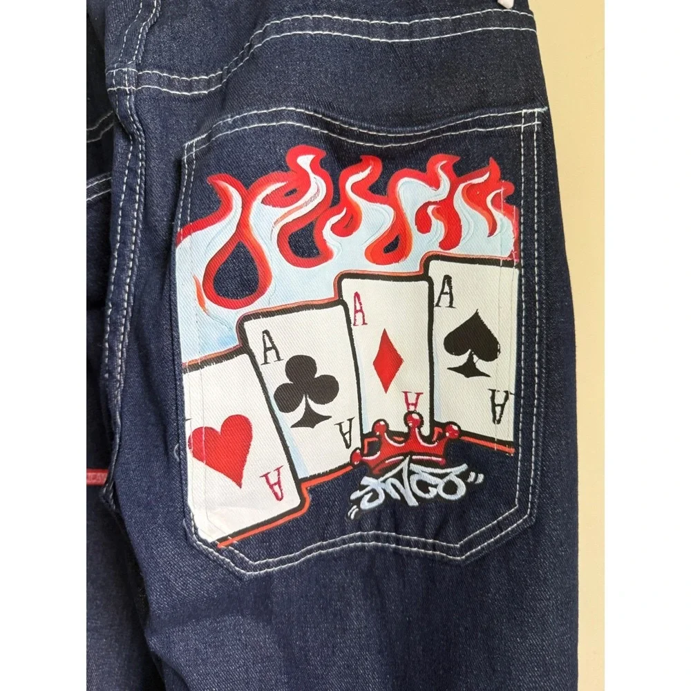 JNCO‎ Jeans Mens Dark Wash Wide Leg Baggy Denim Four Aces Flame Graphic 90s Y2K